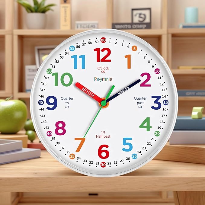 Roymnie12 Inch Wall Clock for Kids Learning to Tell Time Easily Analog Non Ticking Battery Operated Teaching Clock Silent Teaching Time Clock Decorative for Kids Room Classroom School (White Grain)