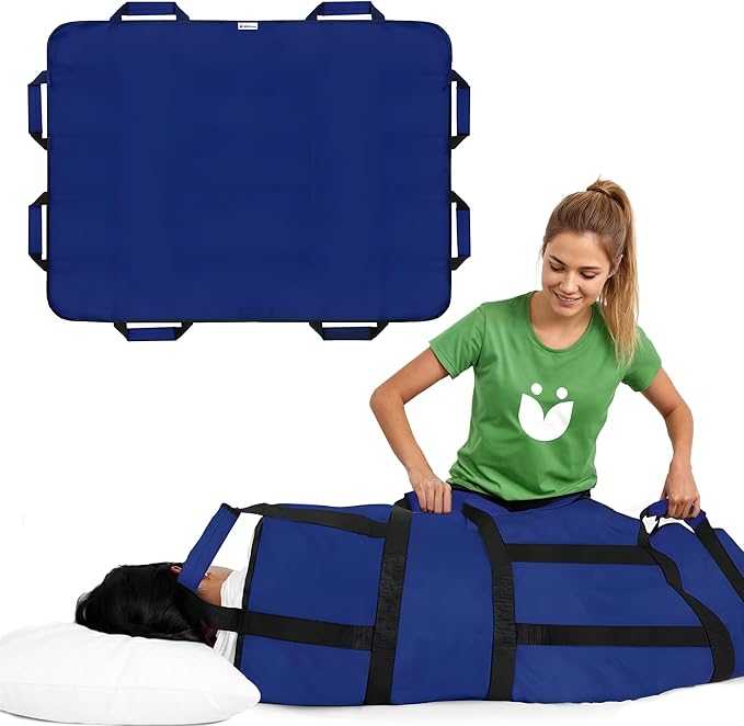 Positioning Bed Pad with 8 Reinforced Padded Handles - Washable Transfer Sheet for Lifting & Repositioning - Quick-Dry Patient Slide Blanket for Caregiver, Bedridden, Elderly - 48" x 40", Blue Ver 2