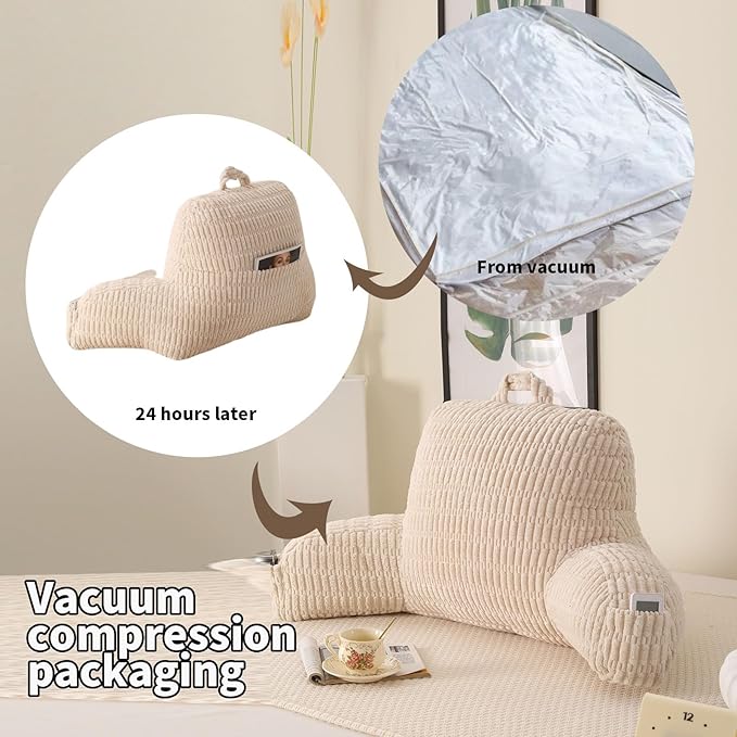 Reading Pillow for Sitting in Bed, Large Backrest Reading Pillow with Arm Rest,Back-Rest Support Cushion for Sit Up on Couch, Sofa, and Floor, Dorm Essentials (Cream Corduroy, Large(19"))
