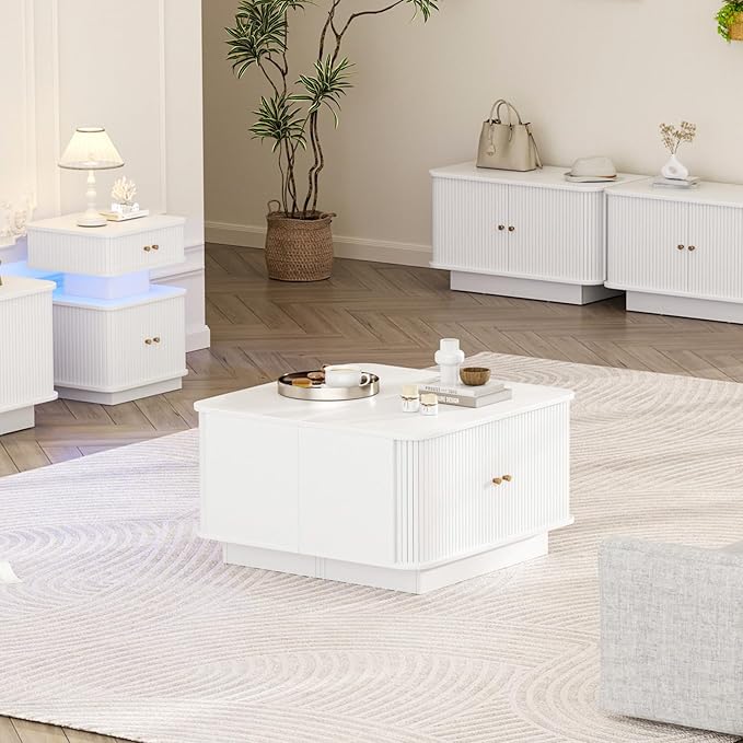 Fluted Entryway Bench with Shoe Storage, 31" W Small Shoe Bench with Sliding Door, Mud Room Benches with Seat, Upholstered Wooden Rack Organization for Living Room, Apartment, Dorm, White