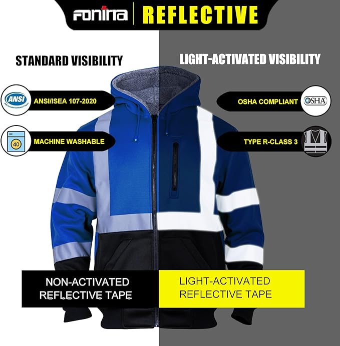 FONIRRA Men's High Visibility Safety ANSI Class 3 Lined Fleece Hoodie Sweatshirt with Black Bottom Jumper Workwear for Men(Blue,5XL)