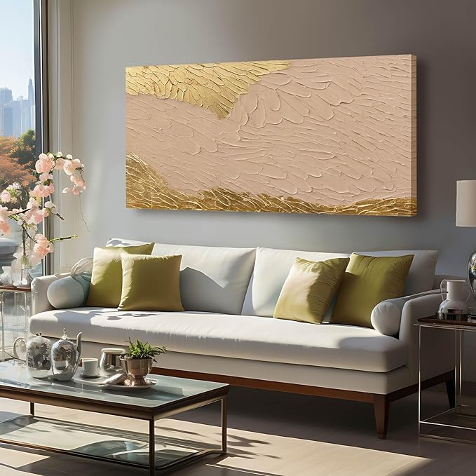 SOUGUAN Neutral Home Wall Decor Pink and Gold Wall Art Abstract Decorative Painting 24"x48" Large Pictures for Dining Room Artwork for Bedroom