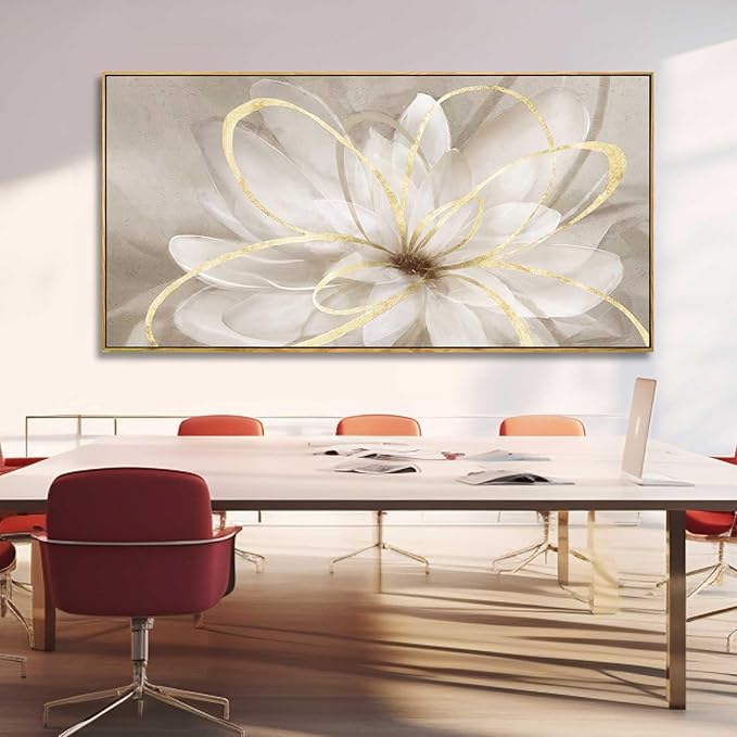 SOUGUAN Room Decor Large Canvas Wall Art Living Room Decor Gold Wall Decor Line Picture Artwork White Floral Wall Decor Modern Painting for Bathroom Bedroom Office 30x60 Inches