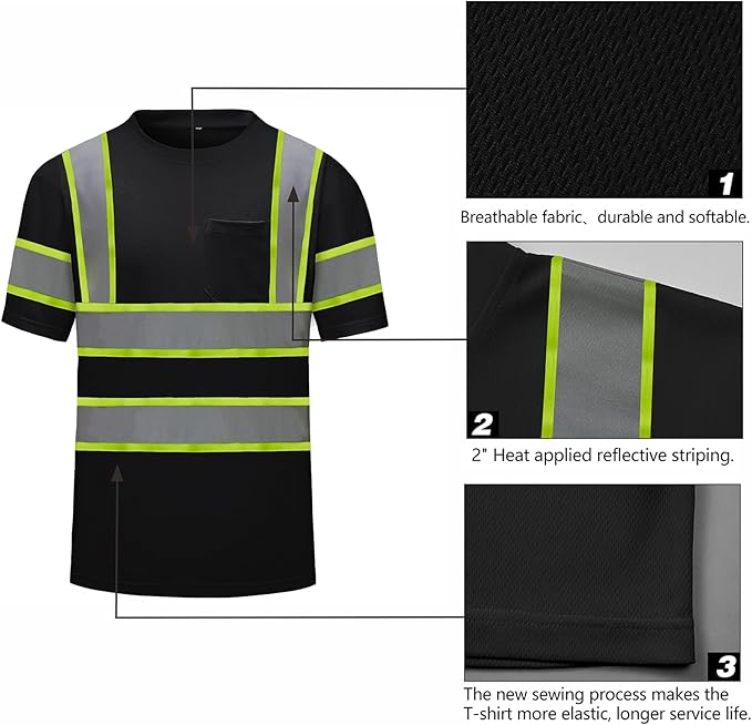 High Visibility Shirts Quick Dry Safety T Shirts with Reflective Strips and Pocket Short Sleeve Mesh Hi Vis Construction Work Class 2 Shirt for Men/Women Black,2XL