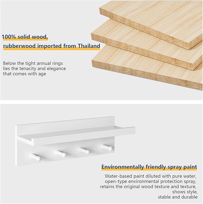 Wood Coat Hook with Wall-Mounted Shelf,15.75in Entryway Wall Hanging Shelf, for Bathroom, Kitchen, Coat Towel Key Organizer White YD-WS0240W