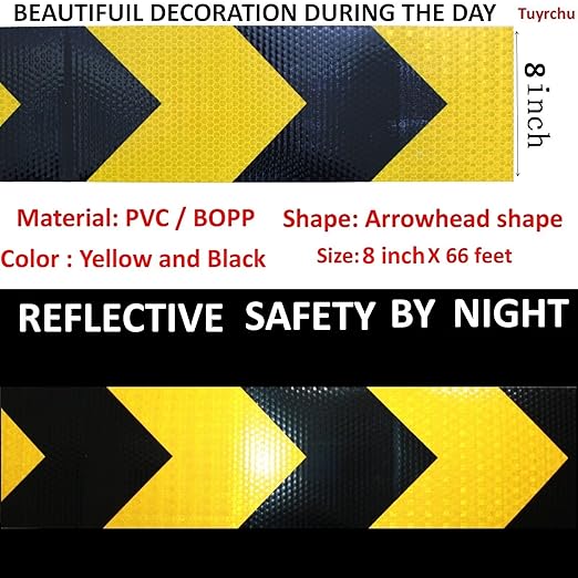 Yellow Black Reflective Tape 8 inch Wide, Outdoor Waterproof Hazard Conspicuity Warning Industrial Marking Tape (66 feet)