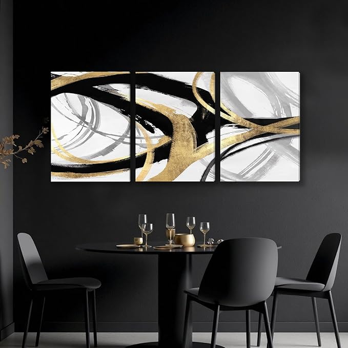 DUWQU 3 Piece Black and Gold Abstract Canvas Wall Art, Modern Black Gold and White Wall Decor, Spiral Brushstrokes Line Art Prints for Living Room Bedroom Office Home Decorations 12×16x3 In