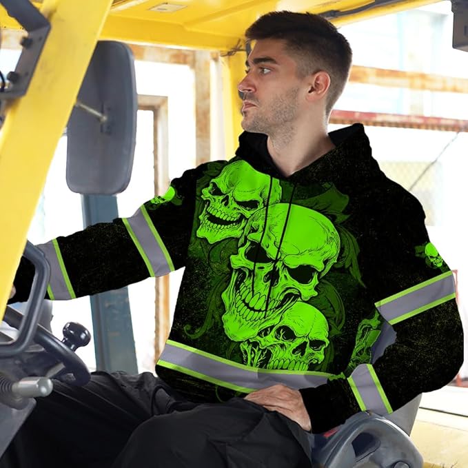 Matedecor Skull US Flag Reflective High Visibility Hoodie For Men Construction Hi Vis Safety Workwear Custom Name