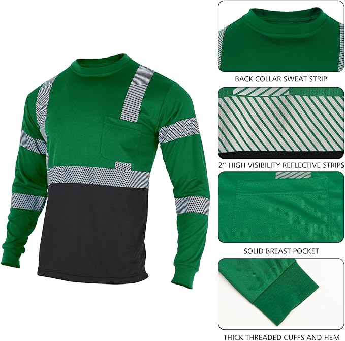 VENDACE Safety Reflective High Visibility Long Sleeve Shirts ANSI Class 3 Hi Vis Construction Work T Shirts for Men