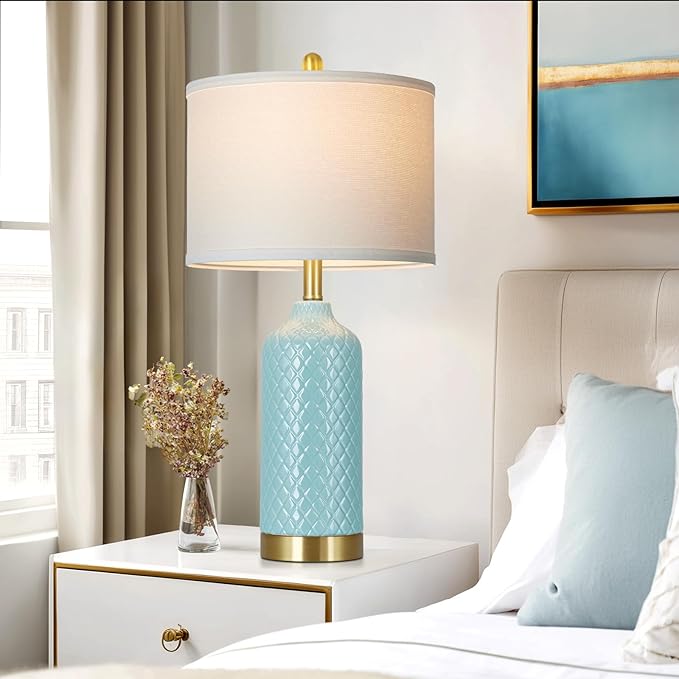 26“ Aqua Blue Ceramic Table Lamps Set of 2, Coastal Ceramic Lamps for Bedroom, Modern Bedside Lamp for Living Room, Elegant Farmhouse Nightstand Lamp for Desk Side End Table Home Decor