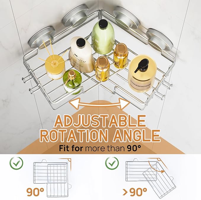 LEVERLOC 2 Pack Corner-adaptive Suction Cup Shower Caddies, Drill-Free Wall Mounted Basket, Stainless Steel Rustproof Corner Shower Shelf, Large Capacity Removable Suction Cup Bathroom Organizer, Gray