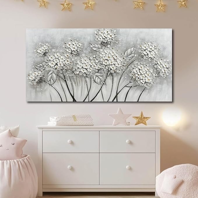 SOUGUAN Plant Wall Paintings White Floral Canvas Wall Art for Living Room Hand Painted Artwork Poster Botanical Picture Wall Decor for Home Office Decor 24x48 Inch