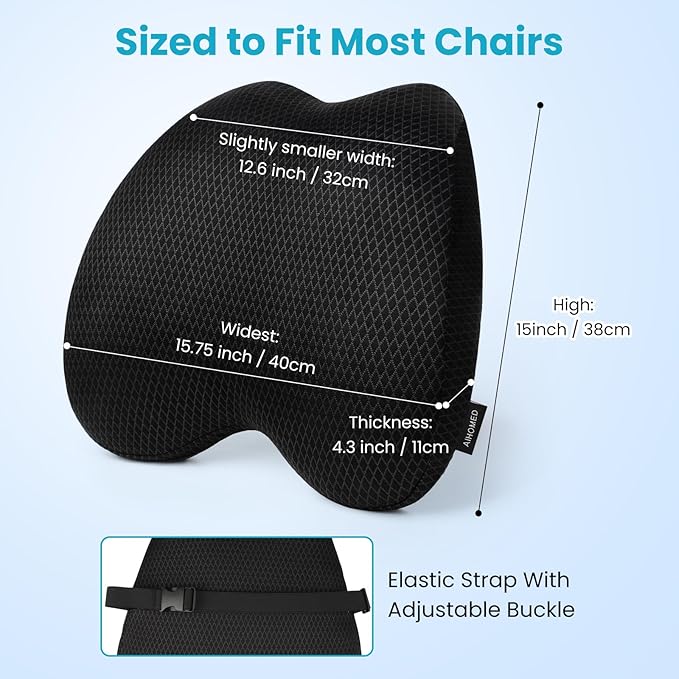 Lumbar Support Pillow Office Chair Car Back Pillow, Ergonomic Lower Back Pain Relief Breathable Air Fiber Cushion for Long Sitting Worker Driver & Handicapped, Adjustable Strap (Black)
