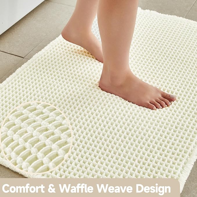 Cream White Bathroom Rugs, Waffle Bath Mat Non Slip Washable Super Absorbent Quick Dry Boho Farmhouse Bathroom Decor, 48"x24" Cream White