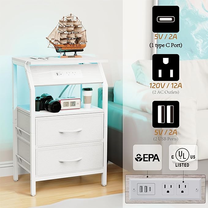 LED End Table, Nightstand with 2 Drawers and Charging Station Type C Port, Storage Fabric Dresser for Bedside, Small Side Table for Living Room Dorm, White