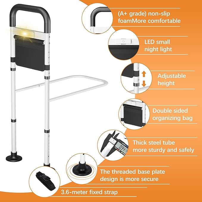 Bed Rails for Elderly Adults Safety, ASTM Safety Approved Adjustable Bed Assist Rail for Seniors, 400lb Weight Capacity, with LED Light & Storage Pocket & Fixing Strap,Fit King/Queen/Full/Twin Bed