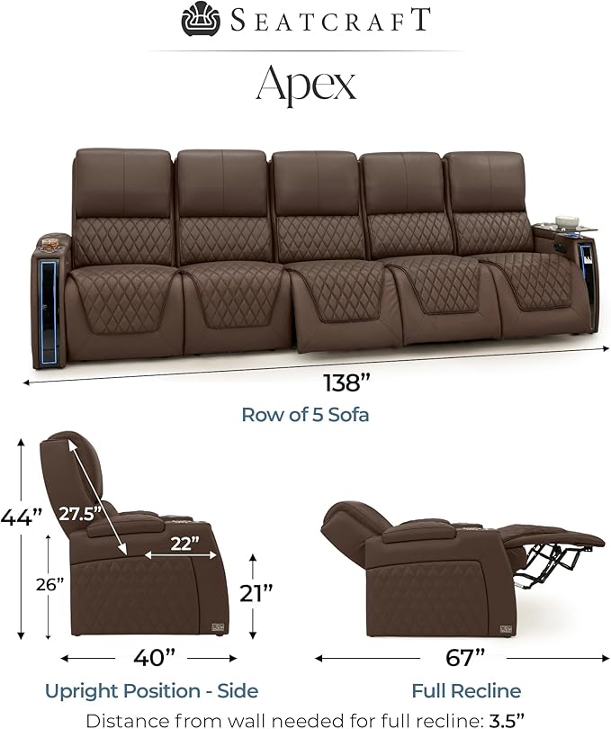 Seatcraft Apex Zero-Gravity CoolZero Italian Leather Home Theater Seating, Powered Headrest, Powered Lumbar, Powered Recline, Row of 5 Sofa, Brown