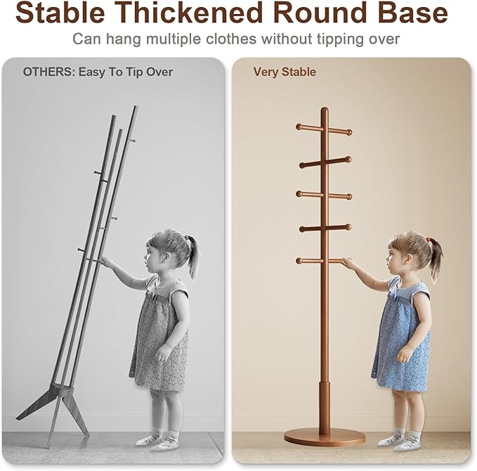 Solid Wood Coat Rack Freestanding with 10 Hooks, Coat tree freestanding 3 Adjustable Heights for coat, Hats, Handbags, Coat Stand for Entryway,Bedroom,office