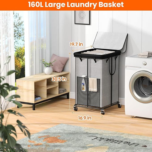 160L Laundry Hamper with Lid, Rolling Laundry Basket with Wheels, Large & Tall Dirty Clothes Hamper with Metal Frame and Removable Bag for Bedroom Aesthetic, Laundry Room, Bathroom, Dorm-Grey