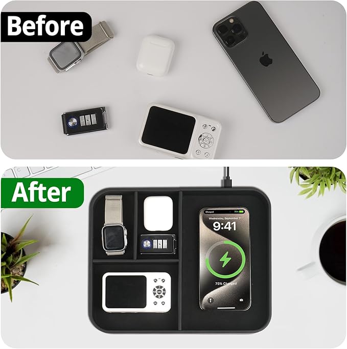 Birthday Gifts Bedside Organiser-Faux Leather Valet Tray With Wireless Charger For Phone And Earbuds,Nightstand Organizer,Mens Jewelry Box,Office Desk Organizers
