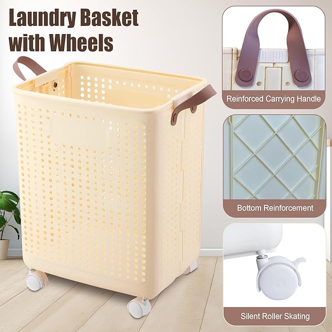 55L Collapsible Laundry Basket with Wheels - Foldable Slim Laundry Hamper for Dorm, Apartments - Portable Clothes Organizer Carts with Wheels, Handles - Collapsible Storage Bins for Clothes, Toys