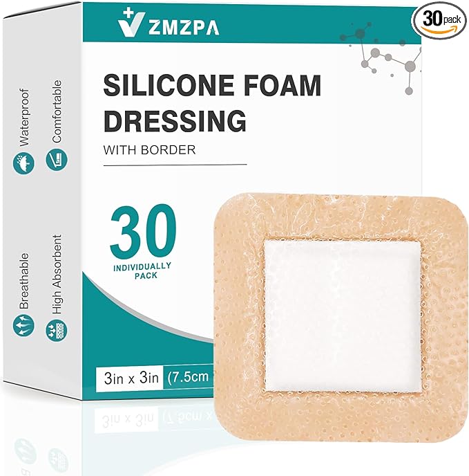 Silicone Foam Dressing 3x3 Gentle Border, Super Absorbent Wound Dressing, Bed Sore Patches, Waterproof Silicone Bandages for Wounds Care, Self Adhesive Pressure Sore Pads (30)