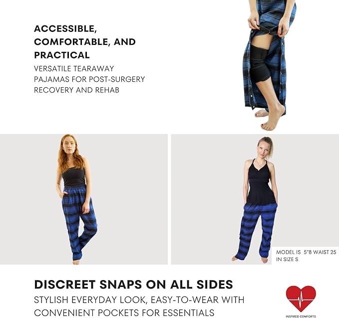Inspired Comforts Unisex Tearaway Post Surgery Recovery Pajama Pants with Side Snaps & Pockets
