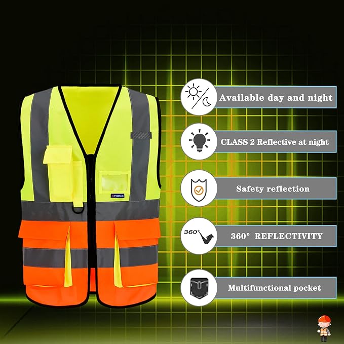 A-SAFETY yellow orange High Visibility Construction Safety Vest with Pockets zipper, Orange&Yellow Color Mixed, XXXL