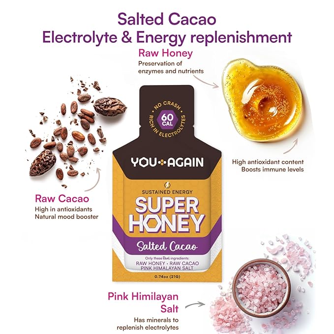 You Again Super Honey Clean Energy Gel, Himalayan Salted Cacao | Electrolyte Replenishment Running Fuel | Endurance Workouts & Cycling Gel | Paleo & Carnivore Snack | Gluten-Free | Chocolate 24-Pack