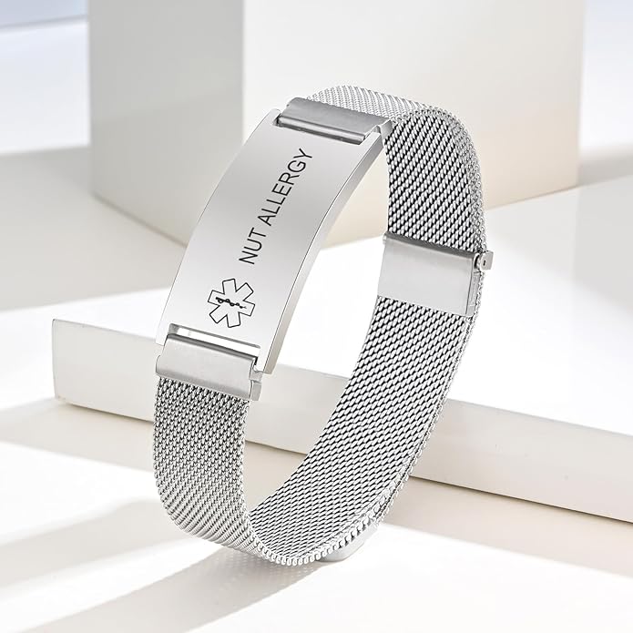 VNOX Medical Alert Id Bracelet for Men Women, Custom Engraving Adjustable Stainless Steel Customizable Mesh Emergency Survival Medic Bracelets Wristband Loop Band with Replacement Tag