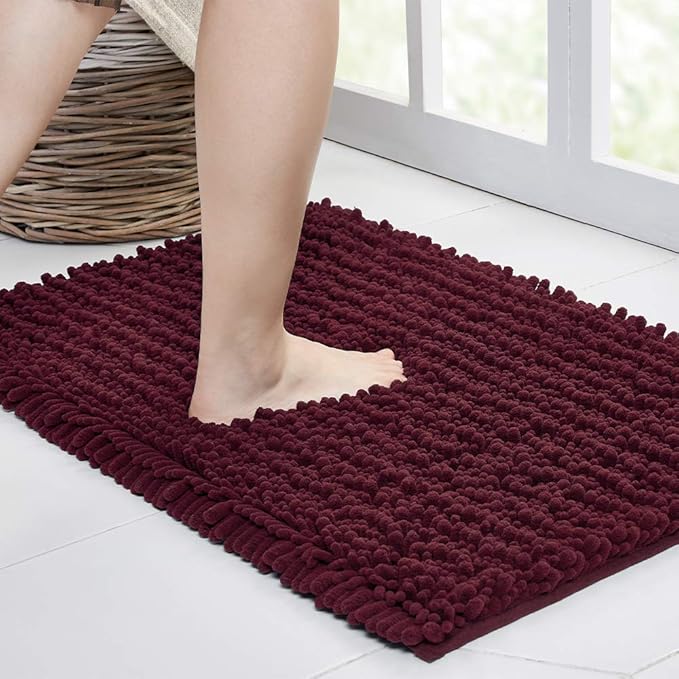 Walensee Bathroom Rug Non Slip Bath Mat (32x20 Inch Burgundy) Water Absorbent Super Soft Shaggy Chenille Machine Washable Dry Extra Thick Perfect Absorbant Best Large Plush Carpet for Shower Floor