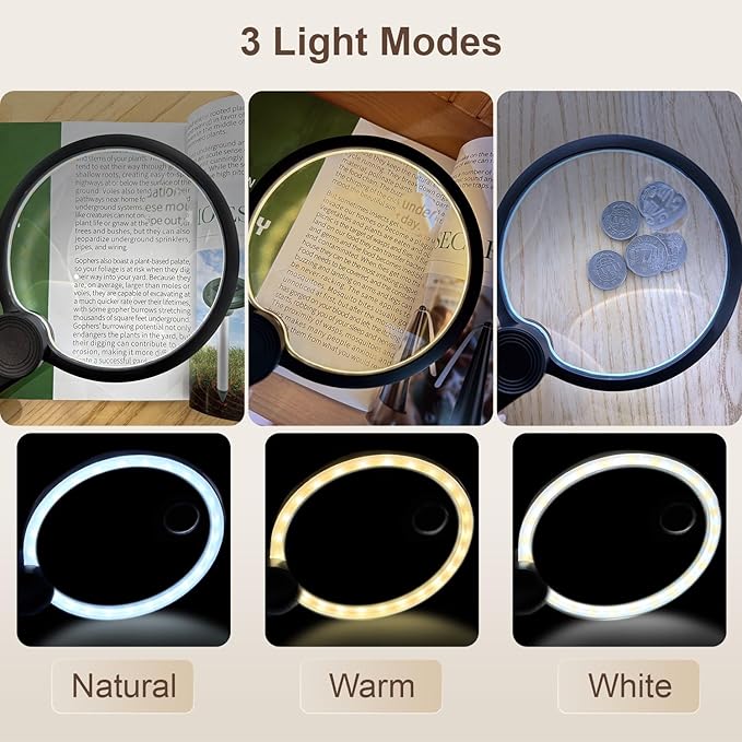 IMICHI Large 5.12" Handheld Magnifying Glass 10X/20X Lens with Eye-Care Anti-Flicker LEDs – 3 Adjustable Light Modes, Rechargeable – Perfect for Seniors, Low Vision, Reading, Crafts, Jewelry Repair