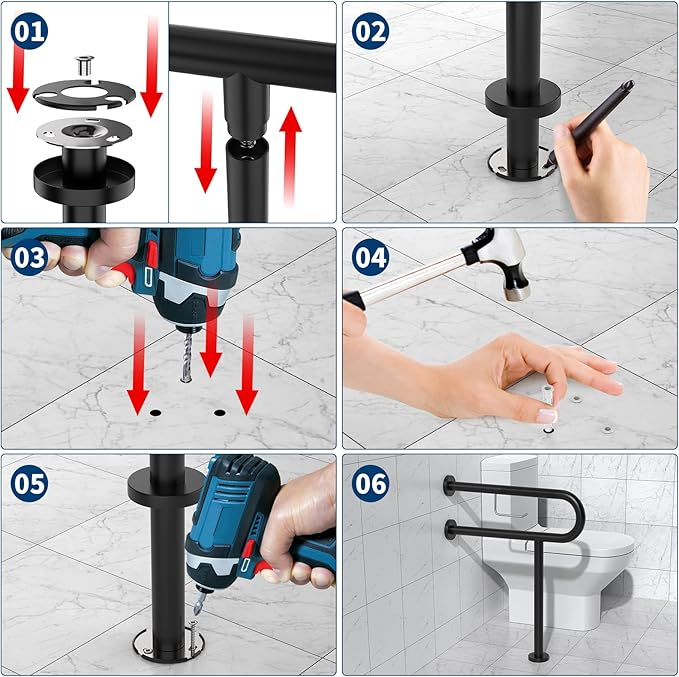 Toilet Support Rail w/Toilet Paper Holder 24x28 Inch, ZUEXT Wall to Floor Matte Black Anti-Slip Handicap Grab Bar for Bathroom, Stainless Steel Safety handrails with Leg for Elderly Disabled Pregnant