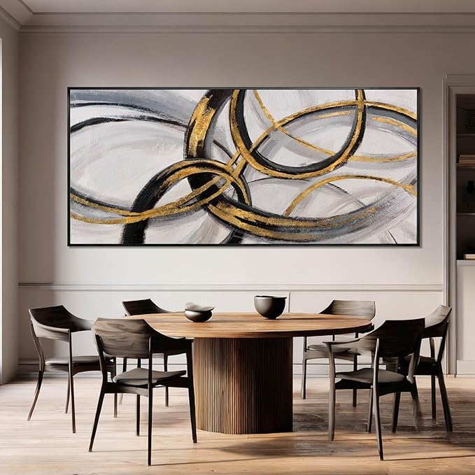 Black and Gold Line Wall Art Abstract Wall Decor Neutral Canvas Posters 32"x70" Large Framed Art for Living Room Office Pictures