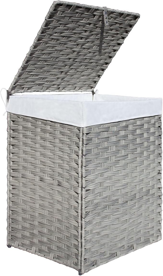 Woven Rattan Laundry Hamper with Lid & Handles,130L Foldable Laundry Basket Includes Machine Washable Removable Liner with 2 Compartments for Storage Basket for Bedroom, Bathroom (Gray)
