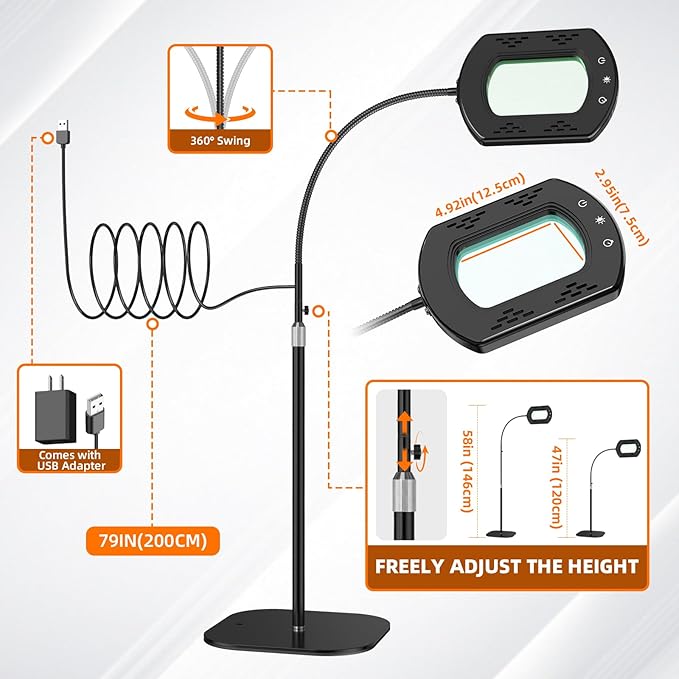 Magnifying Glass with Light and Stand with 10X Rectangle Ultra-Clear Glass Magnifying Lens, Magnifying Glass Table Lamp for Close Work, Reading, Sewing, Crafts, Flexible 3in1 Floor Lamp