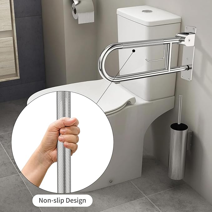 Toilet Grab Bar 22.4 Inch, YuanDe Flip Up Grab Bar with Paper Holder, Polished Chrome Anti-Slip Safety Bars for Toilet, Stainless Steel Knurled Toilet Handles for Seniors Disabled Elderly Pregnant