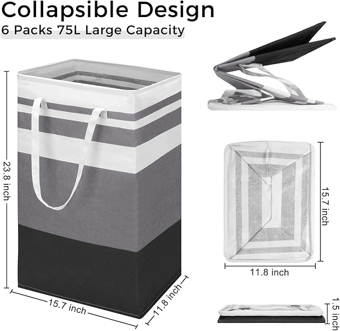 Foaincore 6 Pieces 75L Laundry Hamper Basket Organizer Large Laundry Bag Bulk Waterproof Collapsible Clothe Storage with Handles for Dorm Room Bedroom Towels(Black, Gray, White)