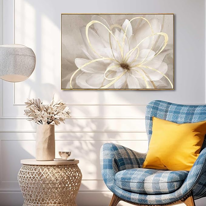SOUGUAN White Flower Picture Gold Botanical Paintings for Wall Decorations Wall Art for Living Room Bedroom Office Home Decor 24"x36"