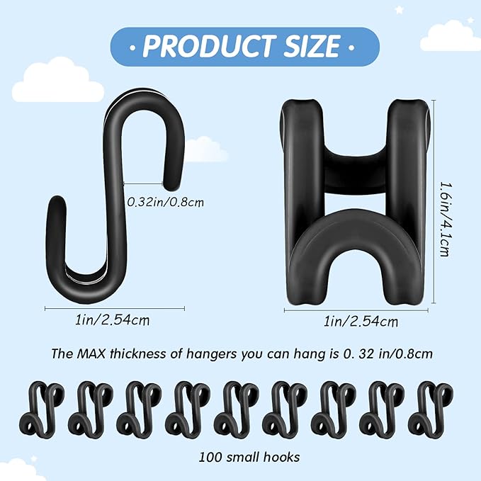 Unittype 150 Pcs Space Saving Hanger Hooks, Clothes Hanger Connector Hooks, Heavy Duty Space Saver Extender Clips for Closet Organizers (Black)