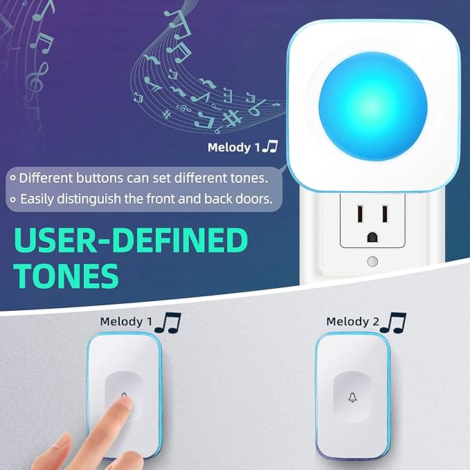 Wireless Doorbell Waterproof 1200 feet Door Bell with 2 Buttons with Different Tones Operating at 36 Melodies 4 Volume levels Flash Light 1 Receiver 2 Button White JSIEEM