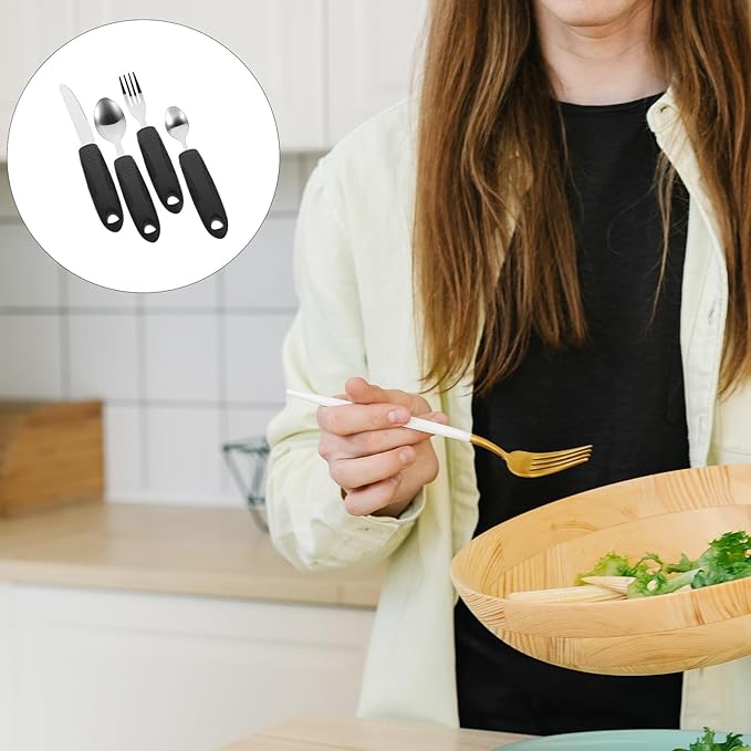 Tremble Adaptive Tableware for Elderly and Disabled Adults Lightweight Non-Slip Stainless Steel Utensils with Comfort Grip Handles Black Handle Cutlery for Arthritis and Hand