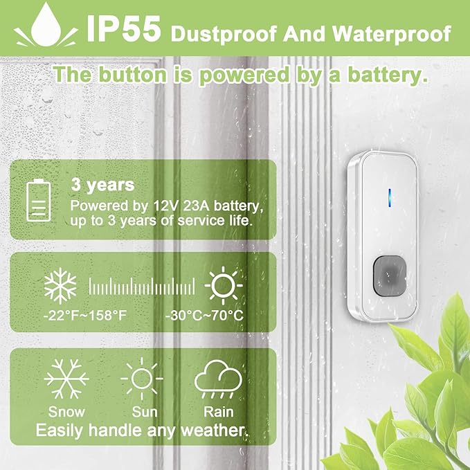 Wireless Doorbell, Waterproof Doorbell Operating at 1300-ft Range with 55 Ringtones 5 Volume Levels and Mute Mode LED Flash,1 Transmitter/Push Button+3 Receivers Door Bells for Home Classroom(White)