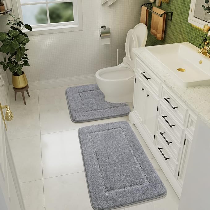 LOCHAS Bathroom Rug Set Light Grey, Soft Bath Rug Set 2 Piece, Toilet Mat U-Shaped 20x20 and 34x20 Bath Rugs, Quickly Dry Mats for Bathroom, Tub, Washable, Super Absorbent Floor Mat