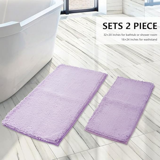 BOANKODU Bathroom Rugs Sets 2 Piece, Extra Soft Chenille Bath Mat Absorbent Bathroom Rug, Bathroom Mat with Sturdy PVC Non-Slip Bottom, Machine Washable Bath Rugs (Lavender)