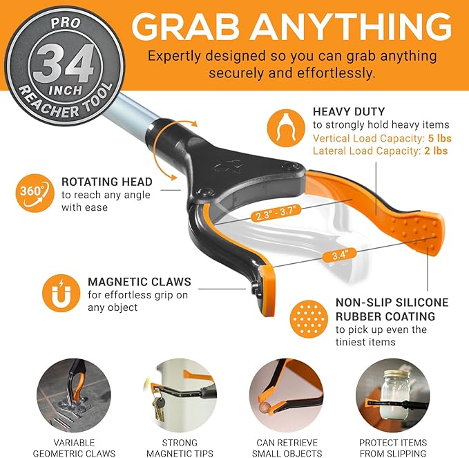 EZPIK Pro 34" Grabber Reacher Tool for Seniors - Grabbers for Elderly Reaching Tool Heavy Duty Pickup Trash Picker Upper Equipment - Claw Grabber Stick for Reaching Aids, Weed Gripper 3-Pack