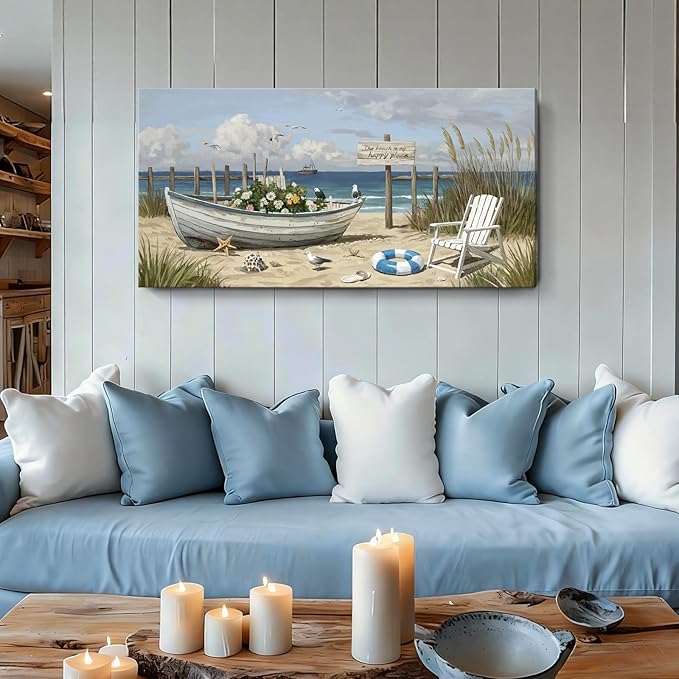 amatop Large Coastal Wall Art Nautical Beach Canvas Art Print Flower-Filled Boat on Sand Ocean Waves Seaside Seascape ArtworkSea Birds Marine Picture Home Decor for Living Room Bedroom Office 48×24 Inch