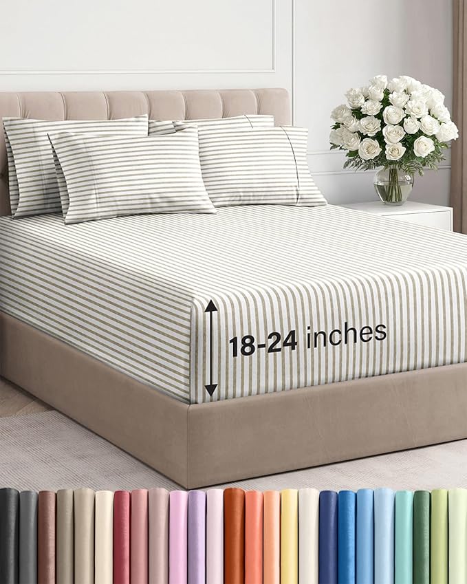 Extra Deep King Sheet Set - 6 Piece Breathable and Cooling Sheets - Hotel Luxury Bed Sheets Set - Easy Fit - Soft, Wrinkle Free and Comfy Sheets Set - Beige Striped Sheet Set with Extra Deep Pockets