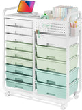 Rolling Storage Cart with 14 Drawers, Storage Organizer Cart with Tabletop and Pegboard,Utility Cart for Living Room, Classroom, Bedroom,Bathroom,Dorm,Office (Green)