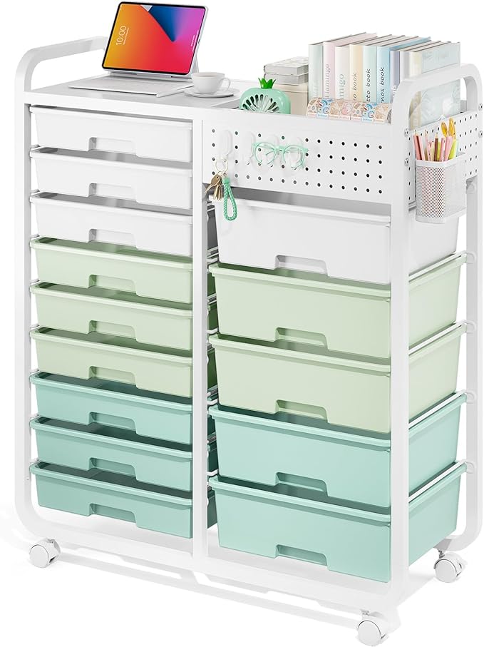 Rolling Storage Cart with 14 Drawers, Storage Organizer Cart with Tabletop and Pegboard,Utility Cart for Living Room, Classroom, Bedroom,Bathroom,Dorm,Office (Green)